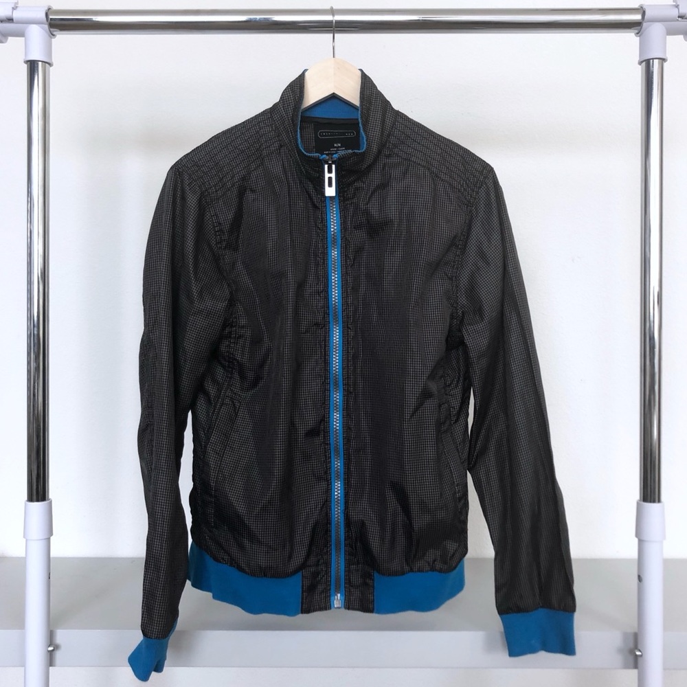 Forever 21 Men Black Blue Grid Windbreaker Jacket